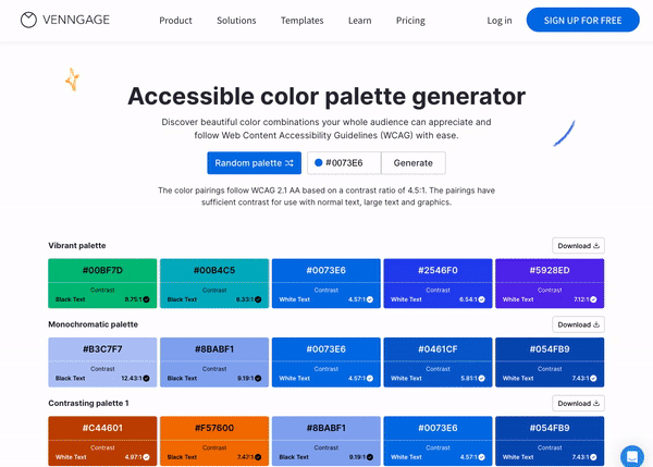 A user clicks 'Random palette' under the Accessible Color Palette Generator heading. Three color palettes - sets of five color tiles - change to generate individual palettes. The user scrolls down the page and clicks 'Load more palettes' to see an additional four sets of palettes, bringing the total number of palettes displayed to 10.