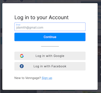 The log in modal from the Venngage homepage. The heading reads jdsmith at gmail.com.
  Underneath is a blue Continue button, and below a divider are two buttons.
  One says Log in with Google and displays the Google logo; the other says Log
  in with Facebook and displays the Facebook logo. Underneath these buttons, text
  reading New to Venngage? Sign up. appears. The Sign up text is hyperlinked.