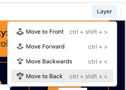 A close-up cropped image of the Layer tool in the top toolbar of the upgraded Editor (Beta), with available controls listed and their keyboard commands next to them, as listed below. 