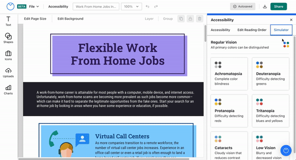 An accessible design titled 'Flexible Work From Home Jobs' appears on a design canvas in the upgraded Editor (Beta), with the Accessibility panel visible in an overlay on the righthand side. The Accessibility panel is open to a third tab, 'Simulator', which lists different color blindness and vision impairment conditions. The user clicks on the 'Achromatopsia' tile, which renders the colors on the design on the canvas in greyscale.