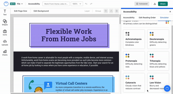 The 'Flexible Work from Home Jobs' infographic appears on a design canvas in the upgraded Editor (Beta), with the Accessibility panel visible in an overlay on the righthand side. The Accessibility panel is open to a third tab, 'Simulator', which lists different color blindness and vision impairment conditions. The user clicks on the 'Deuteranopia' tile, which renders the colors on the design in more blues and greys, and eliminates many of the other hues previously visible.