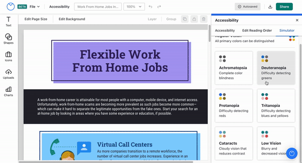 The 'Flexible Work from Home Jobs' infographic appears on a design canvas in the upgraded Editor (Beta), with the Accessibility panel visible in an overlay on the righthand side. The Accessibility panel is open to a third tab, 'Simulator', which lists different color blindness and vision impairment conditions. The user clicks on the 'Protanopia' tile, which renders the colors on the design in blueish violets, greys, and light yellows, and eliminates many of the other hues previously visible.