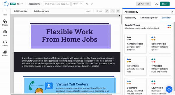 The 'Flexible Work from Home Jobs' infographic appears on a design canvas in the upgraded Editor (Beta), with the Accessibility panel visible in an overlay on the righthand side. The Accessibility panel is open to a third tab, 'Simulator', which lists different color blindness and vision impairment conditions. The user clicks on the 'Tritanopia' tile, which renders the colors on the design in greenish-blues, corals, and greys, and eliminates many of the other hues previously visible.