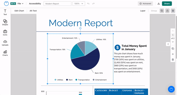 A pie chart is selected on the design canvas of the upgraded Editor (Beta); the user clicks 