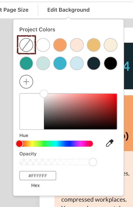 Um close-up da ferramenta Editar plano de fundo no Editor atualizado.  O ícone Sem cor (círculo com uma barra) é destacado por um quadrado vermelho escuro.