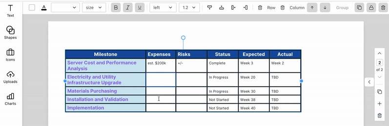 A user mouses over a basic table, with 6 columns and 6 rows, visible on a design canvas in the upgraded Venngage Editor (Beta). The user clicks into the second cell in the second column. The additional table tools appear in the top toolbar when the cell is selected. The user clicks 'Delete Row' and the row in which the cell appears is removed from the table. The table now has 6 columns and 5 rows.