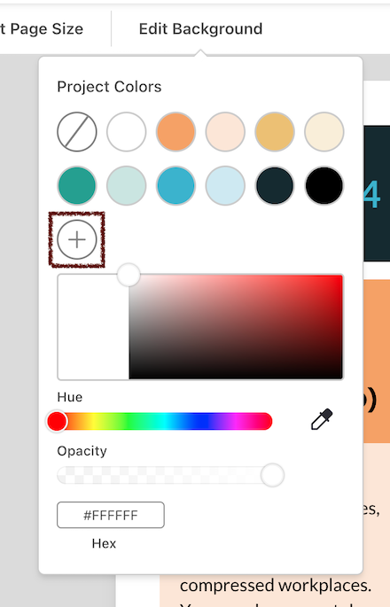 Um close-up da ferramenta Editar plano de fundo no Editor atualizado.  O ícone Adicionar cor (círculo com ícone de mais) é destacado por um quadrado vermelho escuro.