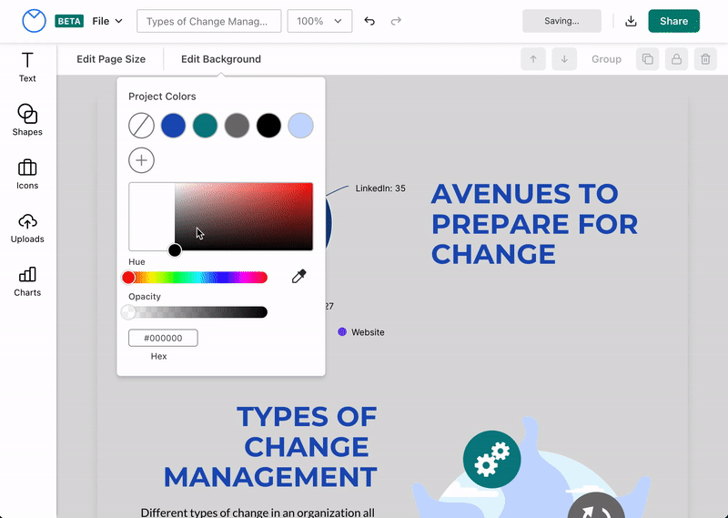 Um usuário clica na ferramenta Escolha uma cor (conta-gotas) no menu Editar plano de fundo e seleciona uma cor de uma pequena parte de um ícone na tela de design, alterando o plano de fundo para essa cor (um tom de amarelo).