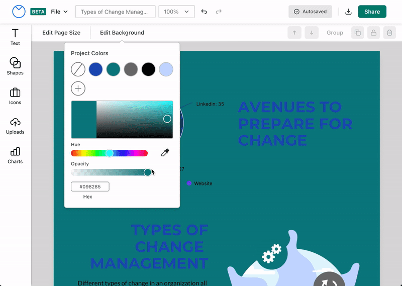 A user clicks and drags the Opacity slider in the Edit Background menu and drags the slider from one end (a dark teal) to the other (the color changes to a very light teal. The color of the background on the design canvas changes to match the color on the Opacity slider.