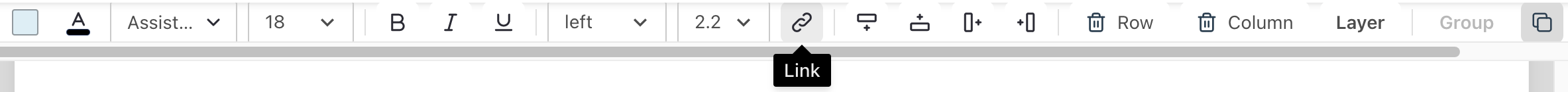 A close-up of the top toolbar in the upgraded Venngage Editor, with the text styling tools visible. The Link icon is highlighted and appears with a black text tag that says Link, next to the Line Height menu.
