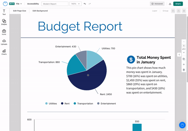 Um gráfico de pizza aparece sob o título 'Relatório de orçamento'.  O gráfico tem quatro fatias;  um é azul marinho, um é azul claro, um é azul-petróleo médio e o outro é cinza-azulado claro.  O usuário seleciona o gráfico e clica em 'Editar gráfico' na barra de ferramentas superior.  No painel do lado direito que se abre, o usuário clica na guia 'Configuração' nas ferramentas Editar gráfico.