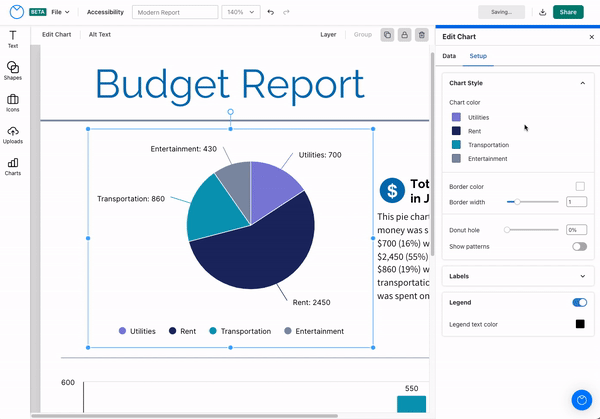 Um gráfico de pizza aparece sob o título 'Relatório de orçamento'.  O gráfico tem quatro fatias;  um é azul marinho, um é violeta claro, um é azul-petróleo médio e o outro é cinza-azulado claro.  O usuário clica para alternar as configurações de 'Mostrar padrões' na guia 'Configuração' das ferramentas Editar gráfico.  Quando 'Mostrar padrões' está ativado, as quatro fatias do gráfico aparecem nas mesmas cores descritas, com um padrão adicional, diferente de acordo com cada cor (neste caso, a fatia azul marinho aparece com um padrão em zig-zag sobreposto isto; a fatia azul-petróleo com listras diagonais; a fatia cinza com listras diagonais orientadas na direção oposta e com maior espaçamento; a fatia violeta com padrão repetitivo de pequenos cubos).