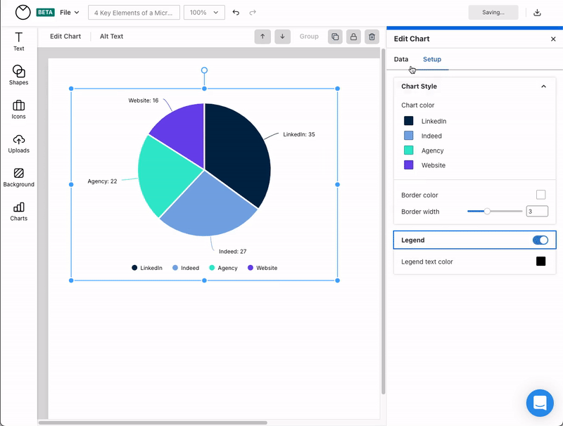 With a pie chart selected on a design canvas in the upgraded Venngage Editor, a user clicks the 'Data' tab in the 'Edit Chart' panel overlaying the right side of the canvas. The user types a new number into several of the data cells in the chart under the 'Data' tab, changing the size of the segments of the pie chart.