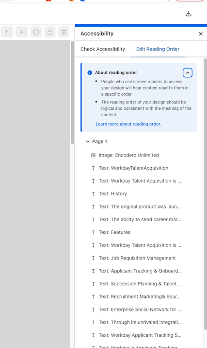 Un primer plano del panel de Accesibilidad abierto en el Editor de Venngage.  Aparece una lista de elementos (con las etiquetas 'texto' e 'imagen') debajo del encabezado Página 1, en la pestaña 'Editar orden de lectura'.