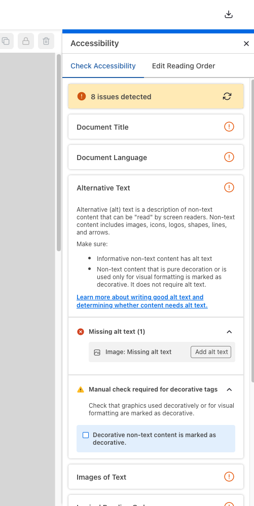 A close-up of the 'Alternative Text' heading in the Accessibility panel, under the 'Check Accessibility' tab. It reads: 'Alternative (alt) text is a description of non-text content that can be 'read' by screen readers. Non-text content includes images, icons, logos, shapes, lines and arrows. Make sure informative non-text content has alt text and non-text content that is pure decoration or is used only for visual formatting is marked as decorative; it does not require alt text.' A link at the bottom of the paragraph reads 'Learn more about writing good alt text and determining whether content needs alt text.' Beneath this, a heading reads 'Missing alt text (1)' and shows an icon of a picture next to a label 'Image: Missing alt text'. To the right is a button to 'Add alt text'. The bottom section shows a yellow caution triangle and the heading 'Manual check required for decorative tags.' Text underneath reads 'Check that graphics used decoratively or for visual formatting are marked as decorative.' Beneath this is a box with a light blue background, and a checkbox beside the heading 'Decorative non-text content is marked as decorative'.