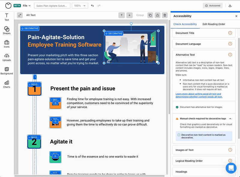 A user scrolls through their design in the Venngage Editor, checking to ensure all of the non-text elements are correctly tagged or described with alt text. The user clicks the checkbox at the bottom of the 'Alternative Text' heading in the 'Check Accessibility' list, as described below.
