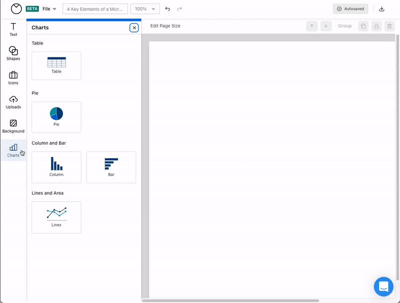 In the 'Charts' menu in the left sidebar in the upgraded Venngage Editor, a clicks on a Column chart, which appears on the design canvas. The user then resizes the column chart to make it bigger.
