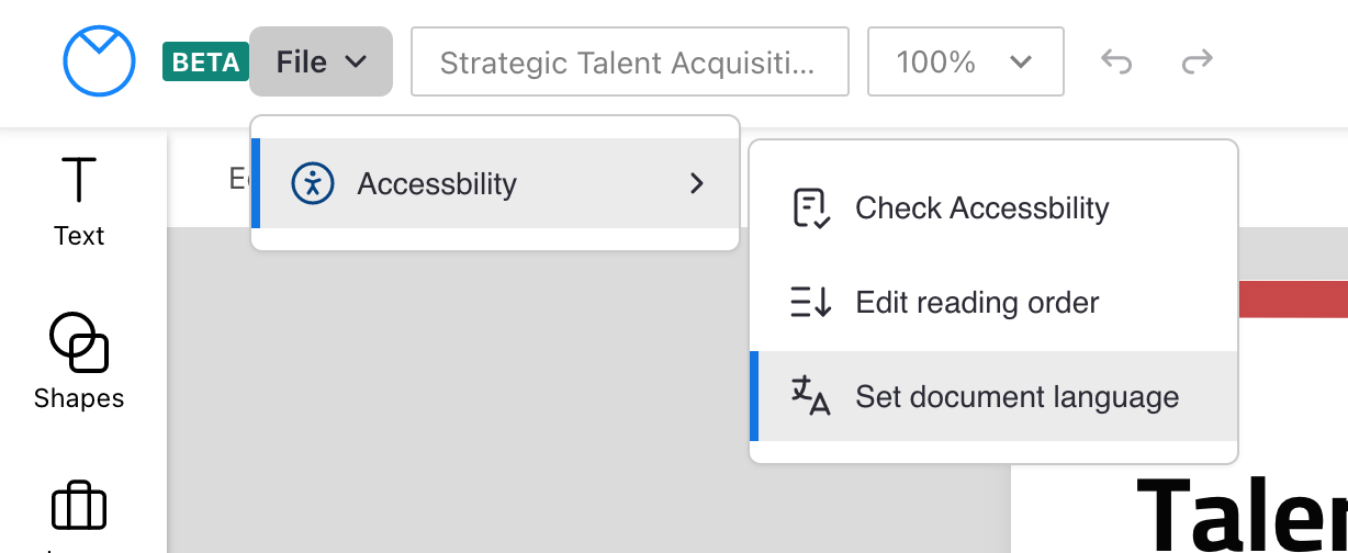 The 'File' menu in the upgraded Venngage Editor is selected, with a drop-down menu sequence displaying 'Accessibility' and then another folder with three options: Check Accessibility, Edit reading order, and 'Set document language', which is highlighted in grey.