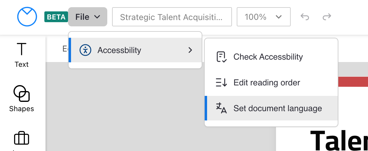 O menu 'Arquivo' no Venngage Editor atualizado é selecionado, com uma sequência de menu suspenso exibindo 'Acessibilidade' e, em seguida, outra pasta com três opções: Verificar Acessibilidade, Editar ordem de leitura e 'Definir idioma do documento', que é destacado em cinza.