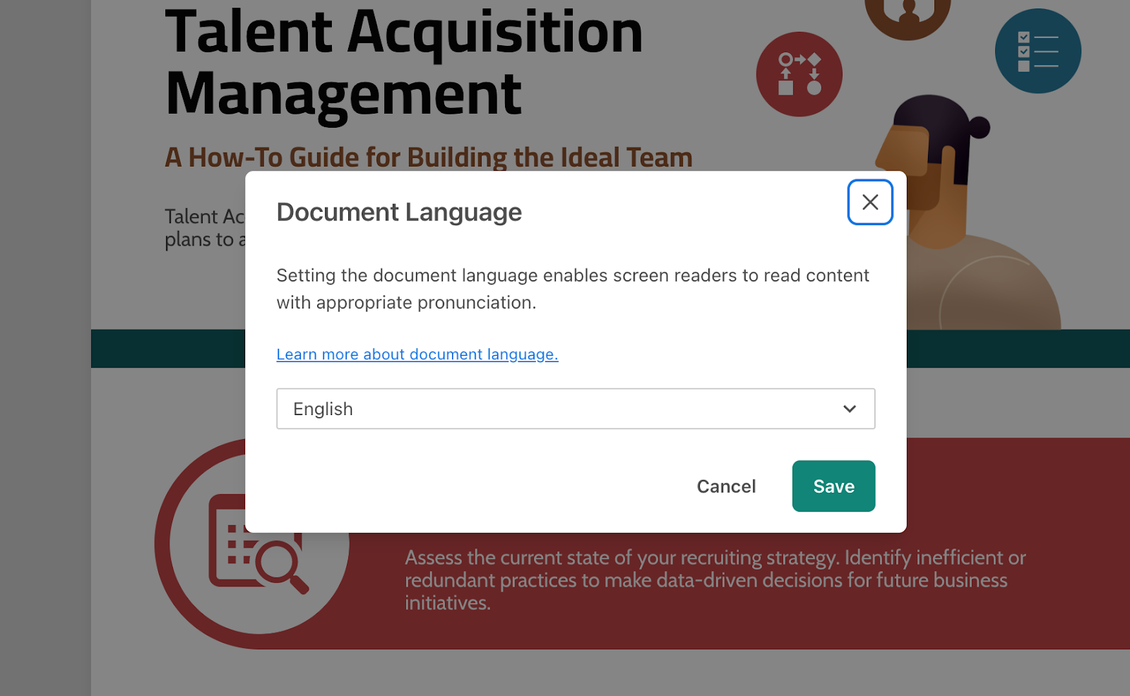 Um modal pop-up (caixa) com o título 'Document Language' aparece, sobreposto em uma seção de um design no Venngage Editor.  O texto sob o cabeçalho diz: 'Definir o idioma do documento permite que os leitores de tela leiam o conteúdo com a pronúncia apropriada.'  Um link abaixo do texto diz: 'Saiba mais sobre a linguagem do documento.'  Abaixo do link, um menu suspenso é exibido.  Está definido como 'Inglês'.  Um botão verde 'Salvar' aparece no canto inferior direito do modal, ao lado da palavra 'Cancelar'.