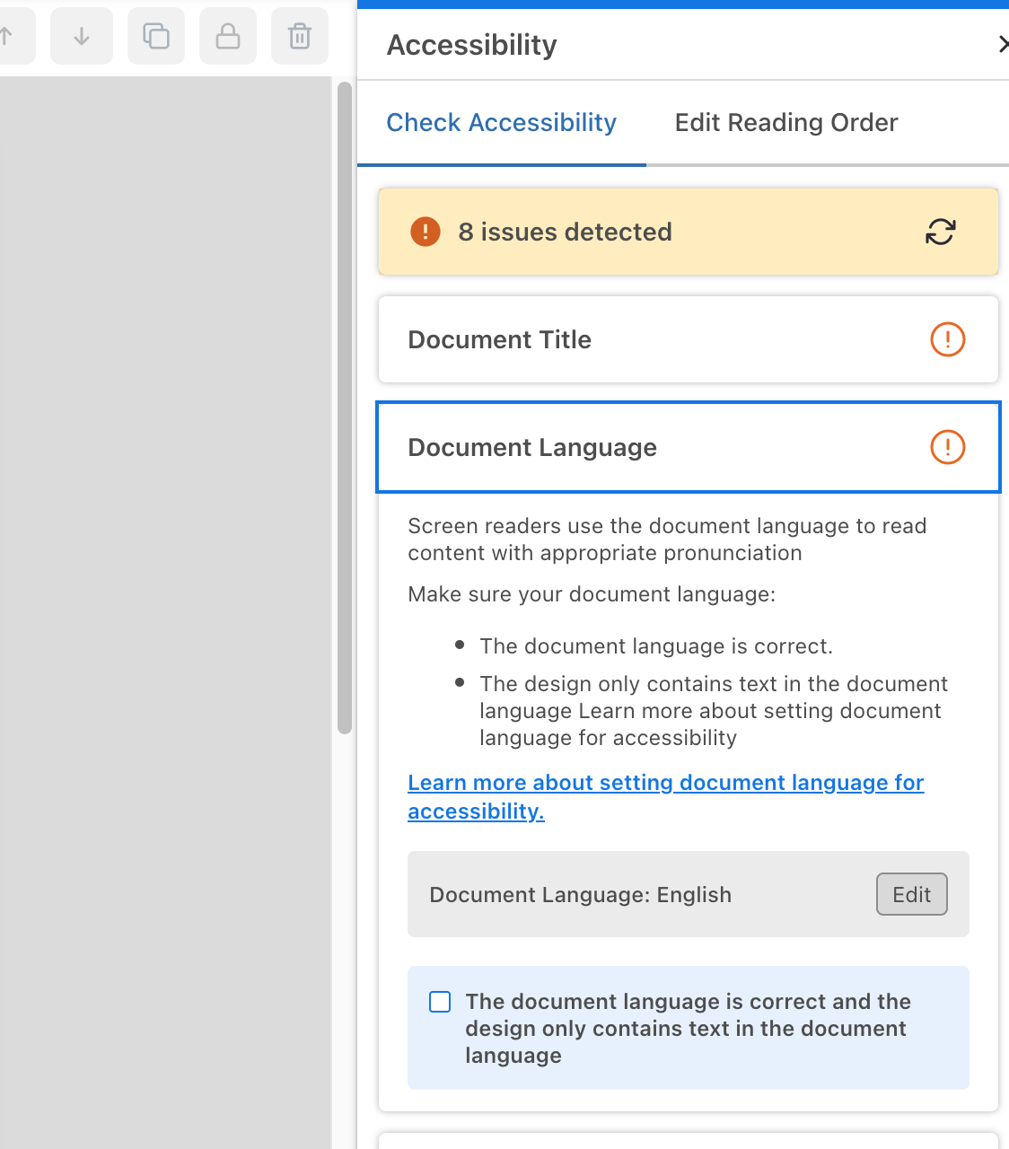 A close-up of the Accessibility panel in the upgraded Venngage Editor. The panel has two tabs: Check Accessibility, and Edit Reading Order. The first tab is open; beneath the heading, a notification banner indicates 8 issues were detected in the document. The 'Document Language' section is expanded, and instructions in it describe how to confirm the document language for screen readers.