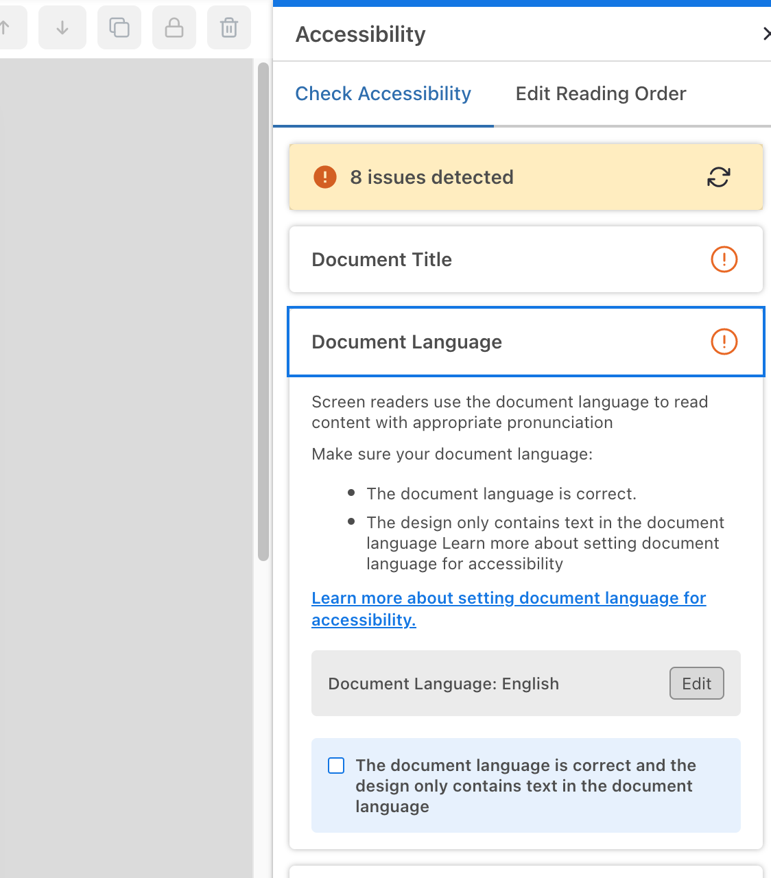 Um close-up do painel Acessibilidade no Venngage Editor atualizado.  O painel tem duas guias: Verificar acessibilidade e Editar ordem de leitura.  A primeira guia está aberta;  abaixo do título, um banner de notificação indica que 8 problemas foram detectados no documento.  A seção 'Idioma do documento' foi expandida e as instruções nela contidas descrevem como confirmar o idioma do documento para leitores de tela.