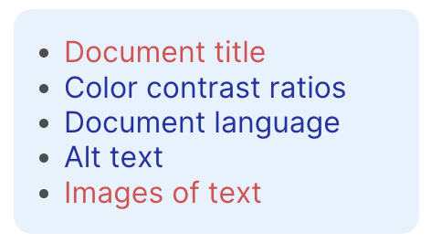 A bulleted list on a light blue background, with five items: Document title, Color contrast ratios, Document language, Alt text and Images of text. The items 'Document title' and 'Images of text' appear in a red font. The rest of the items appear in a blue font.