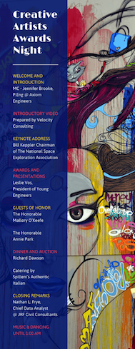 A flat image of a brochure. In one column there is text (image of text) describing an event called 'Creative Artists Awards Night', with details of events listed underneath; in the other, a design featuring graffiti visuals of a human face, a cat, other characters and words makes up the background of the brochure design.