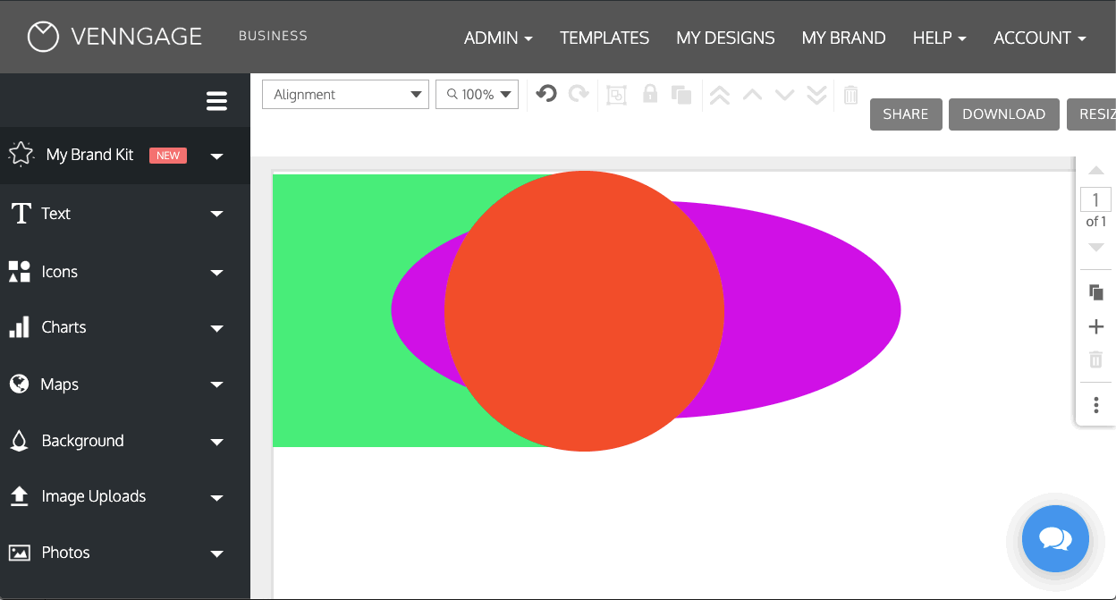 A user selects an object on a design canvas: a light green square, partly visible behind a purple oval and a red circle. The user clicks the double-arrows point up 'Move to Front' in the top toolbar, and the green square moves to the front of the design, in front of the red circle and purple oval. 