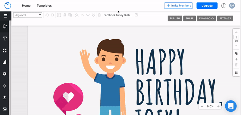 A user clicks the editing icon for the file 'Title', next to the title text box that says 'Facebook Funny Birthday'. The user enters the title 'Joey Birthday Card'. When the user clicks out of the box, the name autosaves. They then click the 'Home' tab above the top toolbar. The preview tile for the same design has been updated with the title 'Joey Birthday Card'.