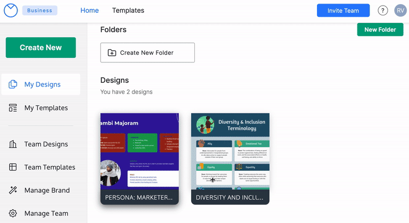 Na página 'Meus designs' da Venngage, o usuário passa o mouse sobre o bloco de visualização de um design e clica em 'Compartilhar'.  Um modal (caixa) 'Compartilhar com outras pessoas' é exibido e o usuário clica no botão para ativar 'Compartilhar com a equipe'.