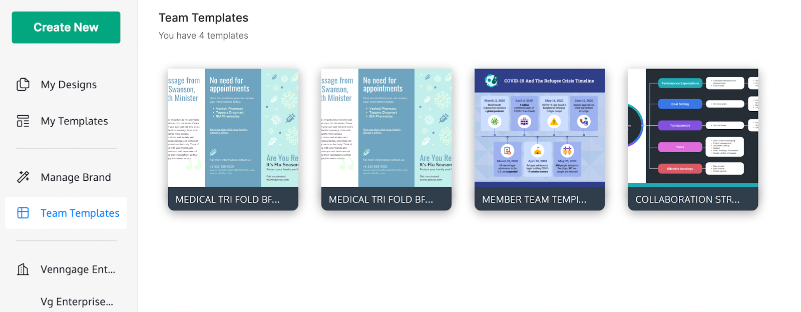 The Team Templates page of Venngage. Four designs are displayed in the window and the left side menu is visible.