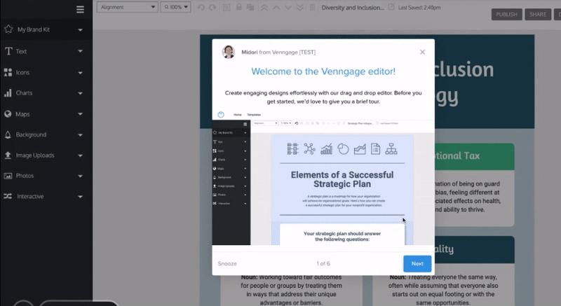 A user moves through the steps of the virtual tour in the Venngage editor. This includes pop-up widgets over various features in the editor that describe their functionality and tips for using them, e.g., 