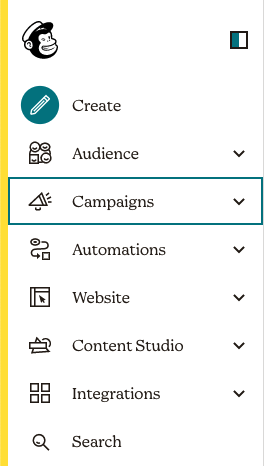 Captura de tela do painel do MailChimp com a ferramenta 'Campanhas' (um megafone com o título 'Campanhas') destacada.