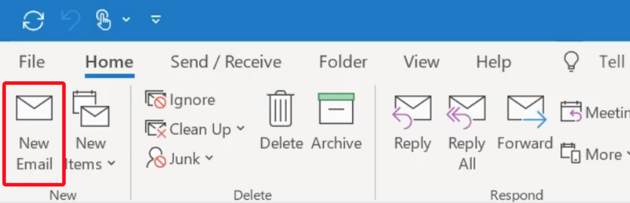 O menu superior do Outlook para Windows, com o ícone 'Novo Email' destacado por uma caixa vermelha.