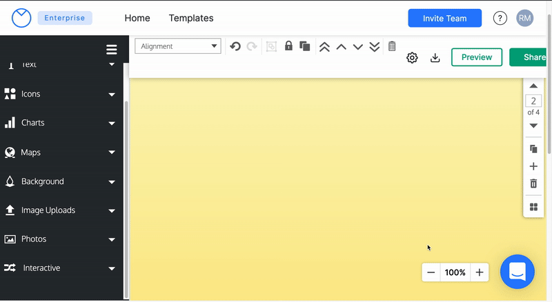Un GIF animado de un usuario en el editor de Venngage que abre la pestaña Mapa en el menú de la izquierda y arrastra un mapa estilo coropleta de Canadá desde el menú hasta un lienzo de diseño.  El mapa está coloreado en diferentes tonos de azul y el fondo del lienzo de diseño es un degradado amarillo.