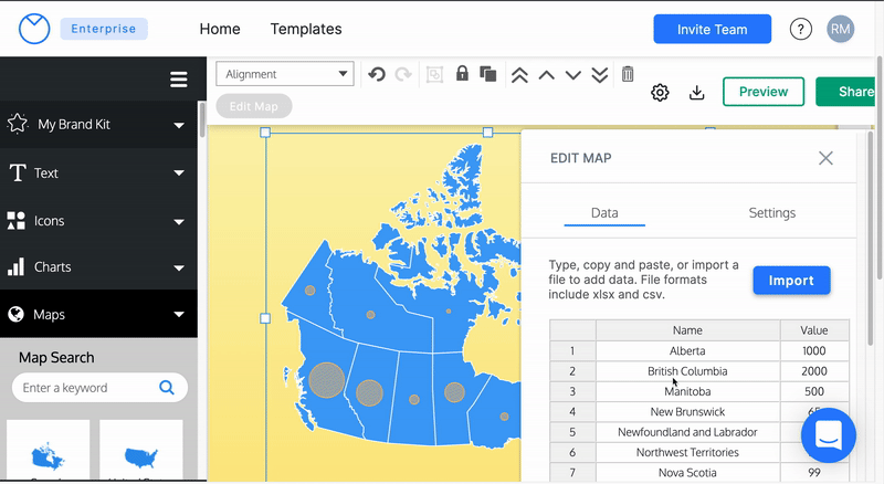 An animated GIF of a user in the Venngage editor. The map editing panel is open on the Data tab, overlaying a blue bubble map of Canada with yellow circles of varying size on a design canvas with a yellow gradient background. The user changes the numeric values in the table. As the user enters different values into the table, the size of the yellow circles over certain regions on the map changes to reflect the new value inputs.