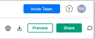 An animated GIF of a user clicking the Preview button as described above. The button is white, with a green border and the word Preview in green, and appears in the top toolbar between a grey download icon and the Share button.