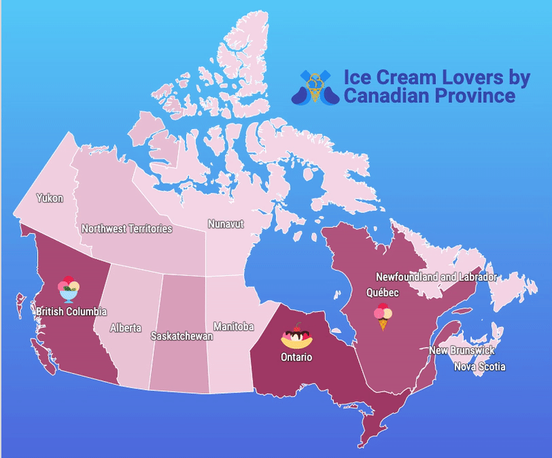 An animated GIF where a user mouses over a choropleth map of Canada titled 'Ice Cream Lovers by Canadian Province'. The provinces appear in shades of light to dark pink; when the user's mouse passes over each province, the color changes to yellow and an alt text box displaying the province name and numeric value appears.