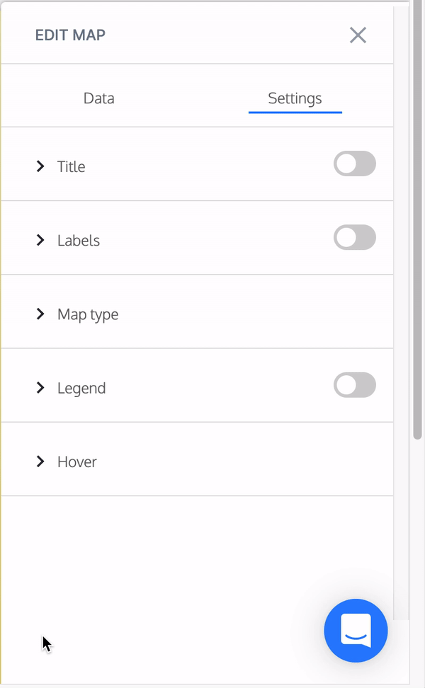 An animated GIF of the Edit Map panel, with the Settings tab selected. The user clicks the toggle beside 'Title' to turn the feature on and expand the menu with customizable settings for that feature; they repeat that process for 'Labels' and 'Legend'.