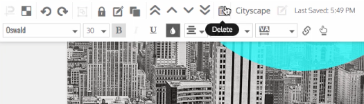 The top toolbar of the Venngage editor, with the Trash (Delete) icon highlighted by the mouse.