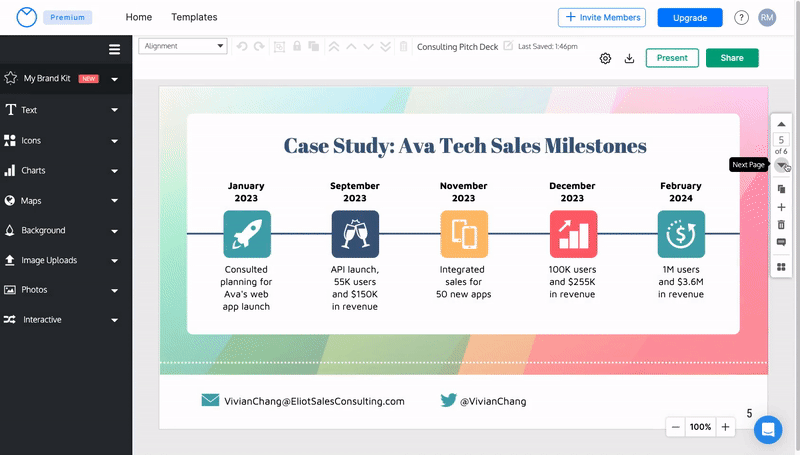 A six-page design entitled 'Consulting Pitch Deck' is open in the Venngage Editor. The visible page is a slide with the heading 'Case Study: Ava Tech Sales Milestones' and is page 5 of 6. The user clicks 'Delete page' in the Page Manager toolbar and the slide disappears, replaced by another slide with the heading 'Let's Work Together'. The page count is updated to 5. 