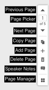 A close-up of the Page Manger toolbar with each of the tools labelled. The toolbar is vertically stacked and the tools appear in the following order: Previous Page (up arrow); Page Picker (text field with page number); Next Page (down arrow); Copy Page (two pages in silhouette, superimposed); Add Page (plus sign); Delete Page (trash can icon); Speaker Notes (message icon); Page Manager (group of four small cubes arranged in a cadre).