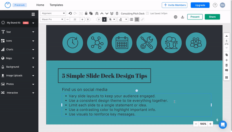 A user clicks the Speaker Notes icon in the Page Manager toolbar in the Venngage Editor, which is open to a slide with the heading '5 Simple Slide Deck Design Tips'. The user types 'Add your speaker notes here. They'll display when you enter Presentation Mode.'