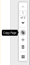Un primer plano de la barra de herramientas del administrador de páginas en el editor de Venngage;  se resalta el icono de dos páginas superpuestas y aparece la etiqueta 'Copiar página' al lado.