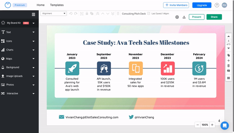 With a design entitled 'Consulting Pitch Deck' open in the Venngage Editor, a user clicks the 'Copy Page' button on the Page Manager toolbar. The slide on the design canvas, entitled 'Case Study: Ava Tech Sales Milestones', is duplicated. A small notification tag appears by the Page Manager tool bar that reads 'Page copied'. The user clicks the Previous Page button in the toolbar; page 5 and page 4 are identical copies of the same slide.