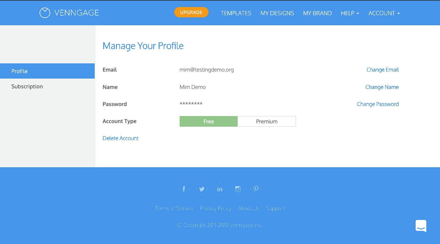 A user clicks on the subscription tab of their Account page, and then clicks on the option to upgrade from a Free plan to a Business plan.