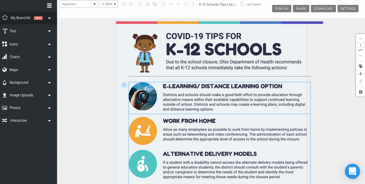 A design canvas is open in the Venngage Editor, with the heading COVID-19 Tips for K-12 Schools and various icons and paragraphs with subheadings relating to this topic. A user selects Settings from the top toolbar and the menu opens. Under the first section, Page Resize, a grey 'Undo' button appears next to a drop-down menu of page sizes. The page size is listed as 'Custom', as the user has changed the dimensions of the design canvas using the Custom Page Size tool. The user clicks the Undo button. The page size listed under the Page Resize section in the Settings menu changes from Custom to Letter, and the design canvas shifts, becoming wider and fitting the content on the page.