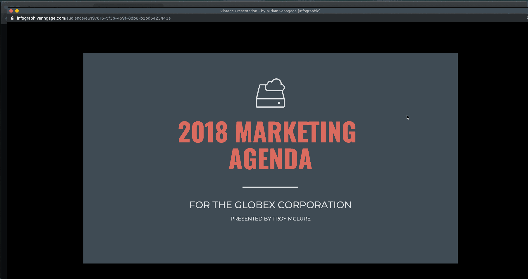 A window with a slideshow entitled 2019 Marketing agenda fills the screen. A user pulls the window down, to reveal the speaker notes tab underneath it, which shows a current slide count and a right-hand viewing pane with speaker notes.