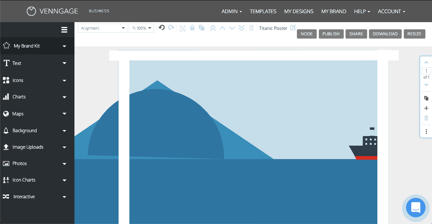 A canvas in the Venngage Editor shows a design with simple shapes, depicting a large blue triangular iceberg and a boat floating on water nearby. The colors of the design are shades of blue, with the boat mostly charcoal grey with a red bottom and a yellow smokestack. A user clicks My Brand Kit, which appears at the top of the left sidebar in the Editor. The My Brand Kit section of the left sidebar opens and reveals the user's Logos and Brand Colors. The user clicks on the section of colorful squares under Brand Colors, which include a light blue, bright magenta and a burnt orange color, and those colors are applied to the elements of the design. A shuffle icon appears on the Brand Color squares, and when the user clicks it, the colors are applied to the design canvas elements in a different order. The final design now shows the iceberg in burnt orange with a light blue background, and the boat in orange, magenta and light blue.